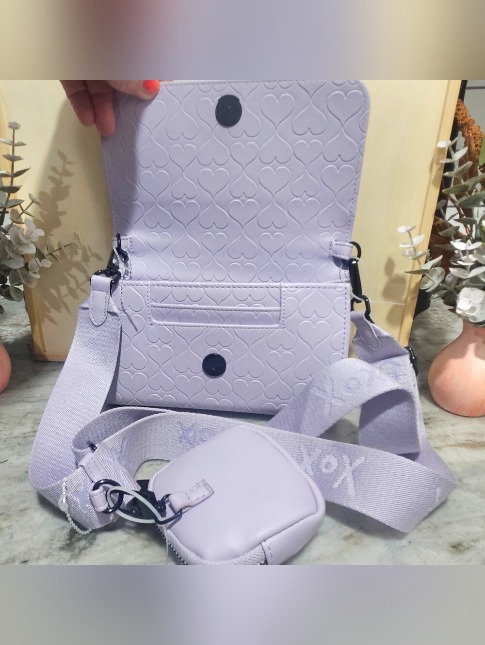 Betsey Johnson Heart Quilted Lavender Crossbody bag with Detachable Pouch - Picture 7 of 12